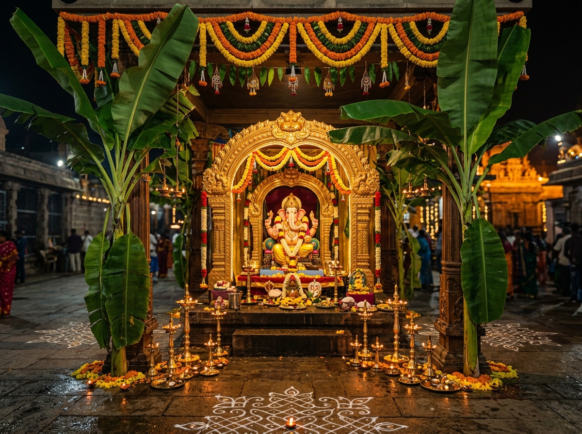 రాత్రి వెలుగుల్లో అరటి చెట్ల మధ్య అలంకరించిన మండపంలో శ్రీ గణేశ విగ్రహం